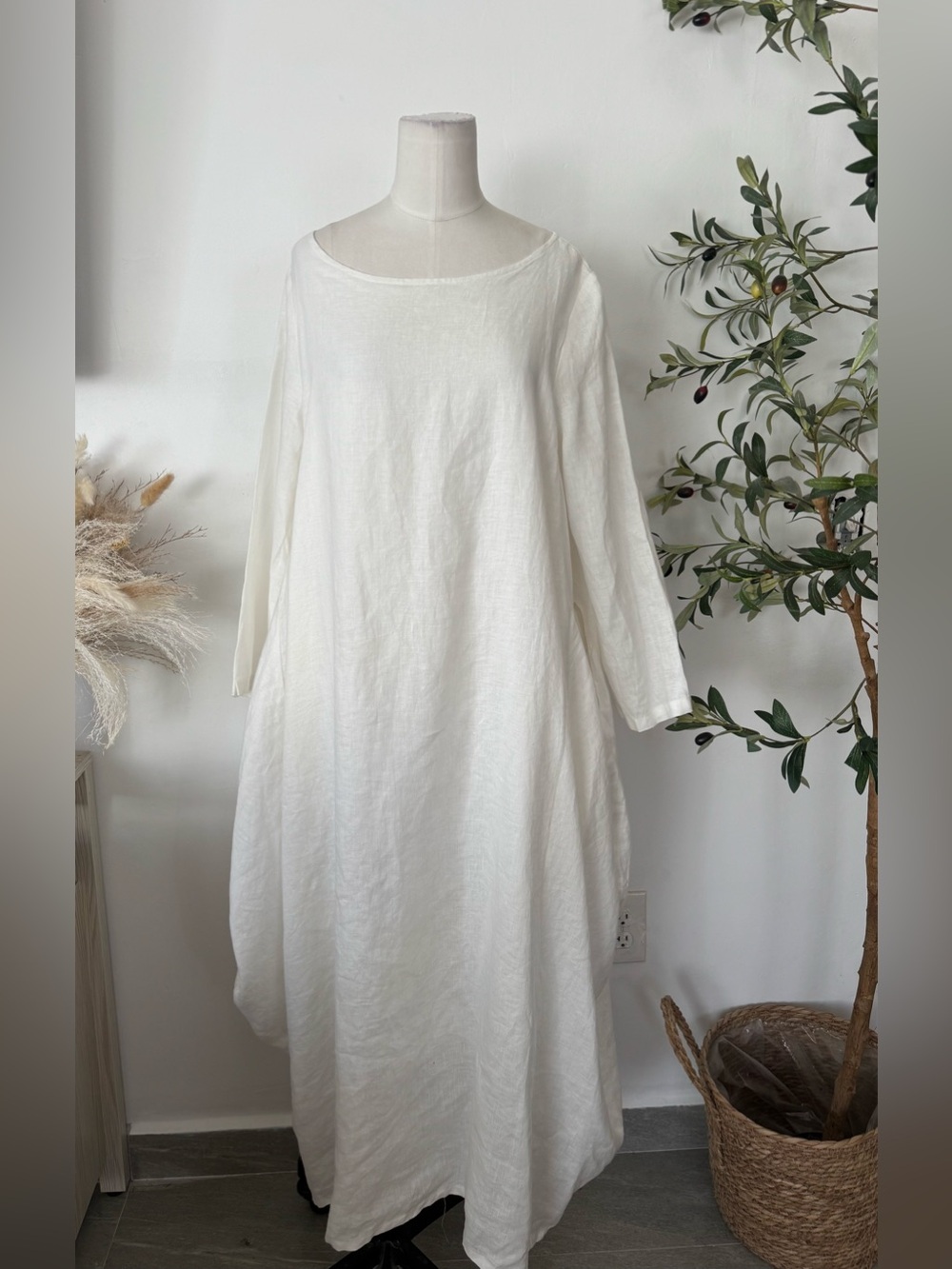 XIMO 100% Linen White Maxi Dress Oversized Lagenlook Long Sleeve XL